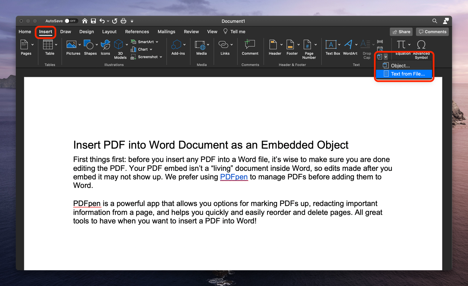 word for mac embed pdf